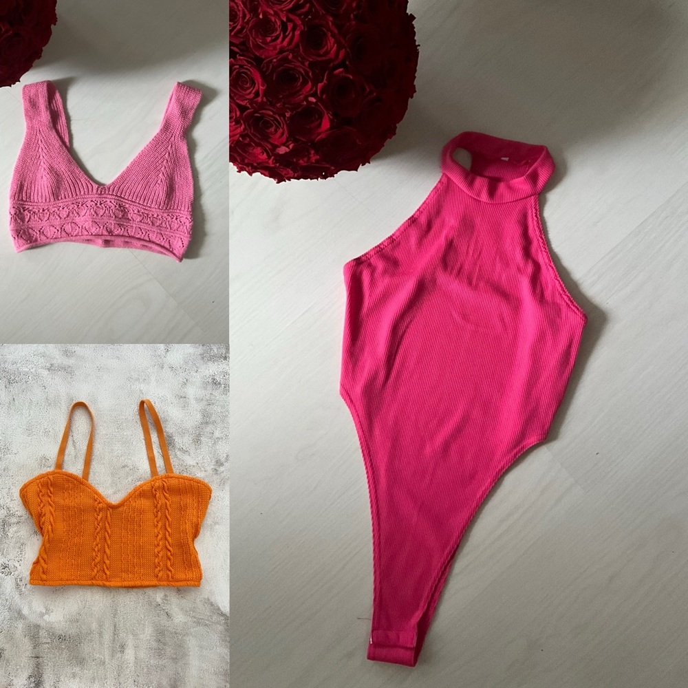 Set of three 3 Pink Sleeveless Women's Top. Sumer Body. Orange crop top. .